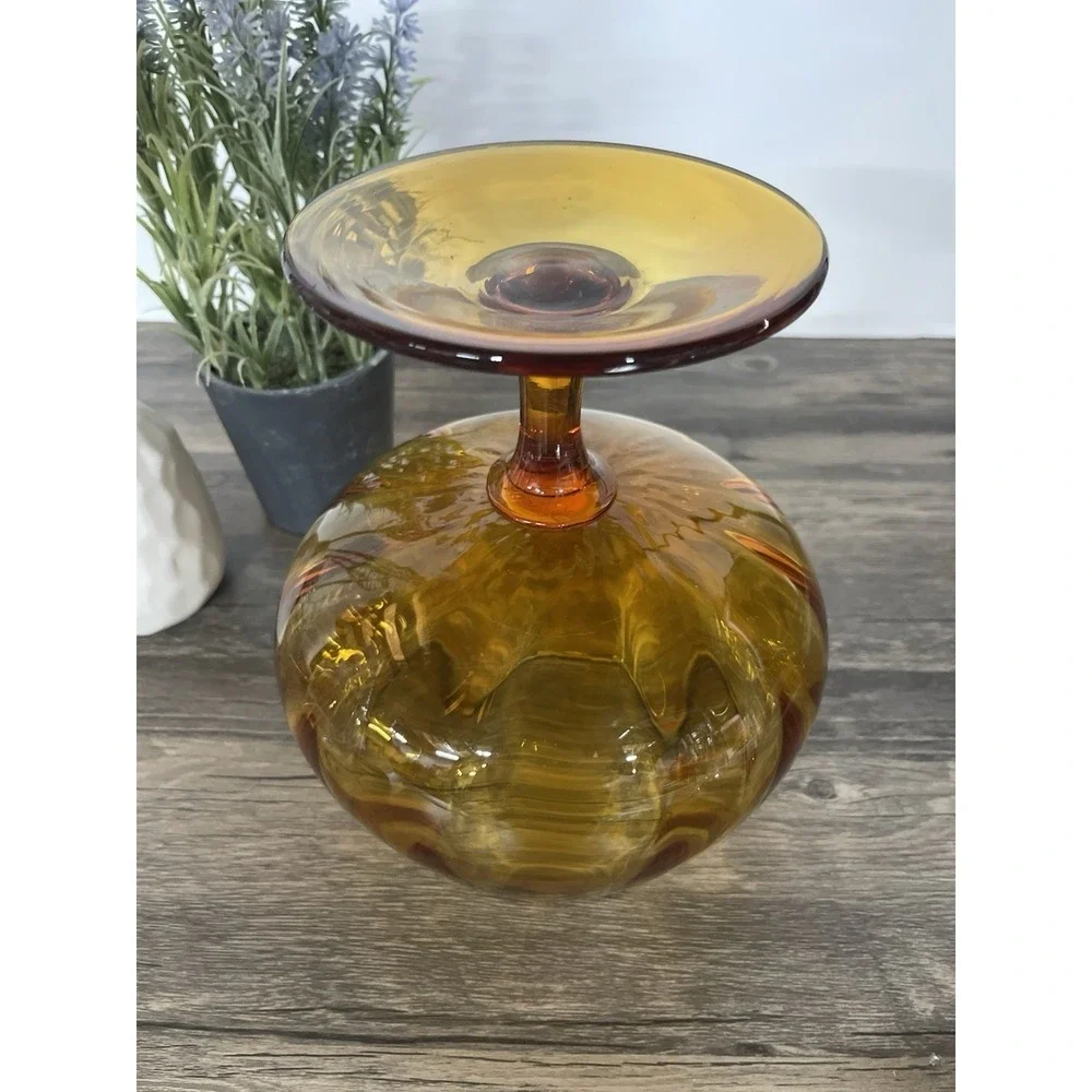 Vintage Italian Amber Glass Brandy Snifter Vase Optic Ribbed Scalloped Rim 8in